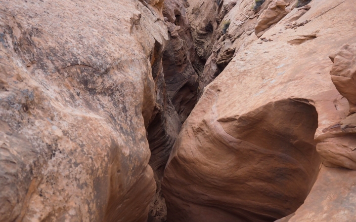 A canyon appears between red walls